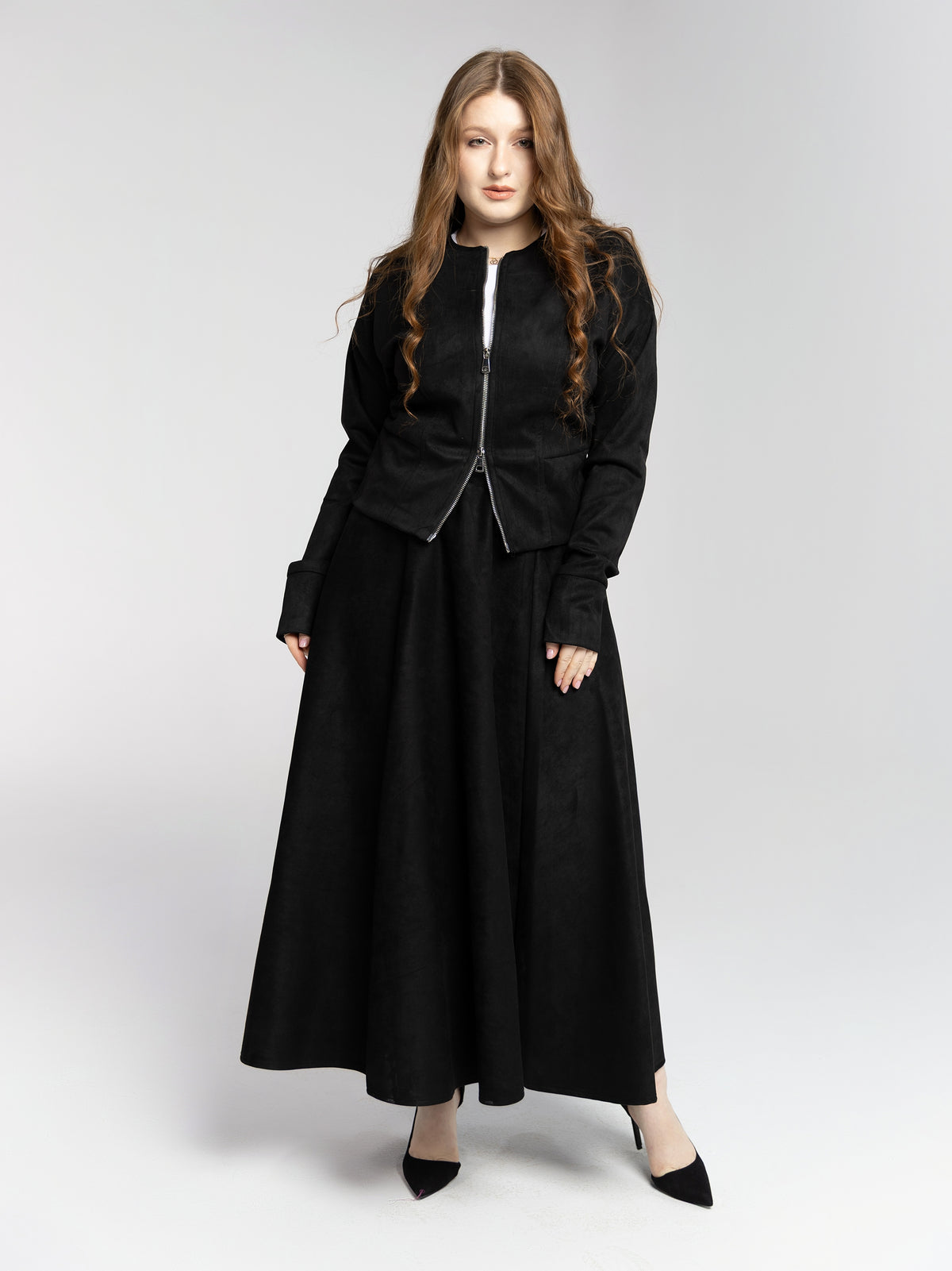 Suede Jacket double zipper & Skirt Set - Black
