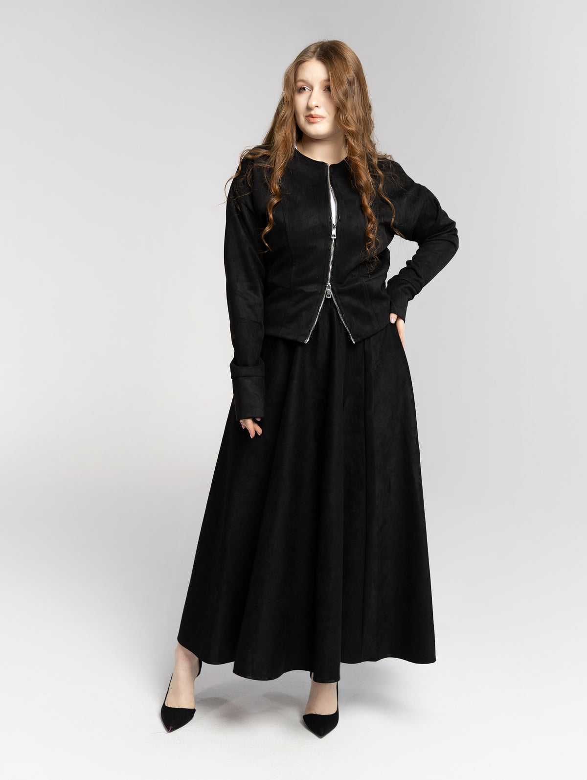 Suede Jacket double zipper & Skirt Set - Black