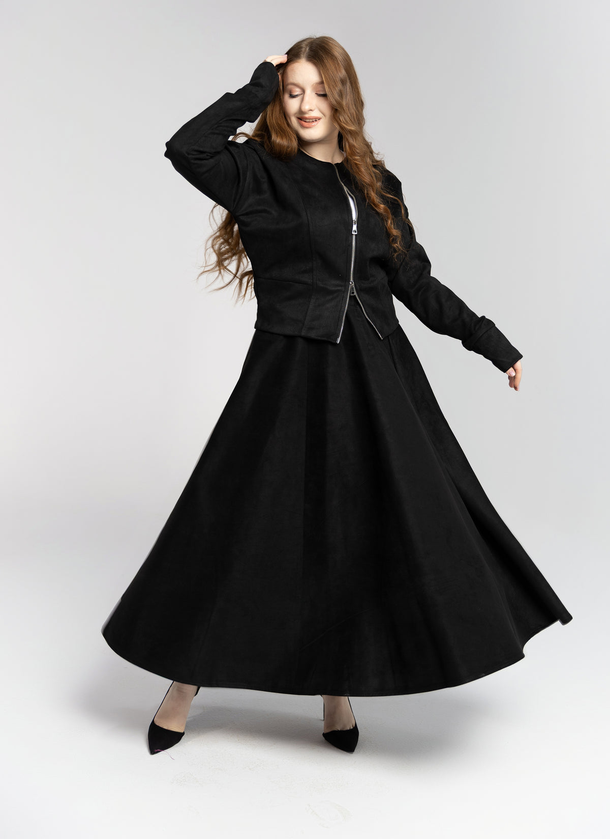 Suede Jacket double zipper & Skirt Set - Black