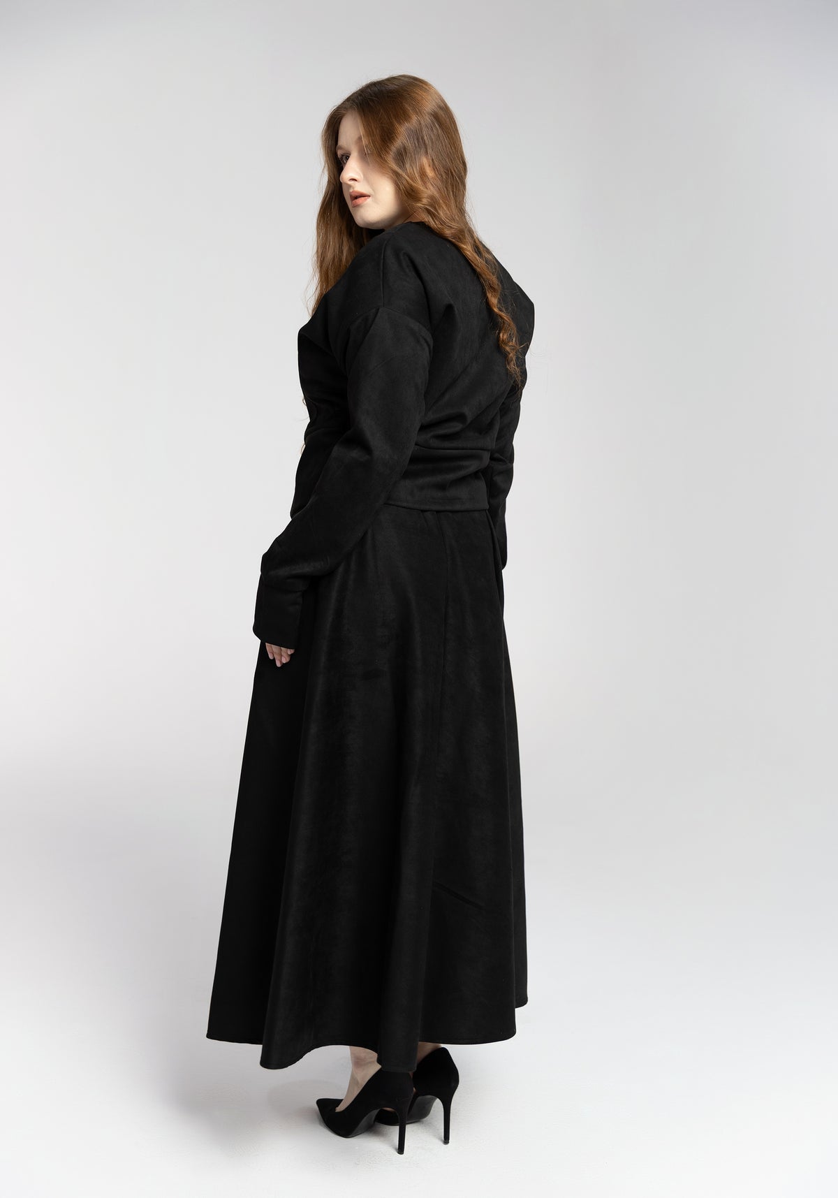 Suede Jacket double zipper & Skirt Set - Black