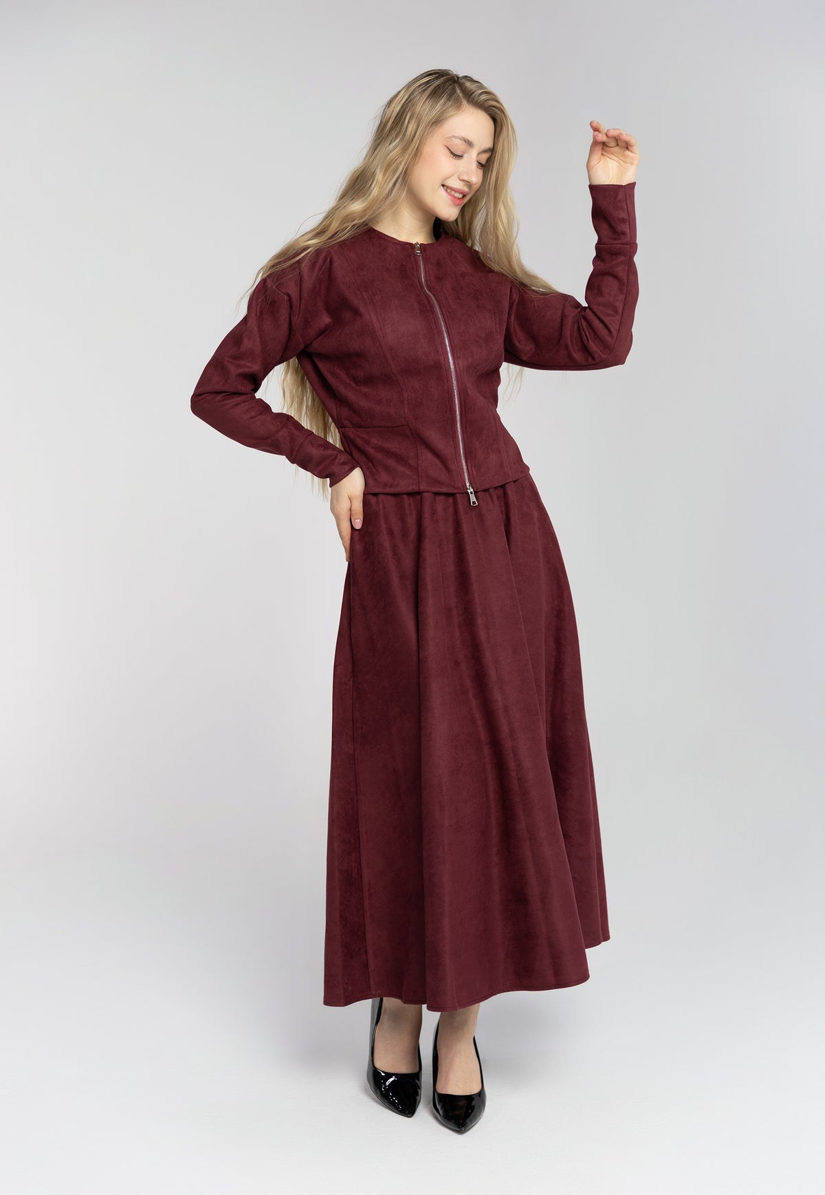 Suede Jacket double zipper & Skirt Set - Burgundy