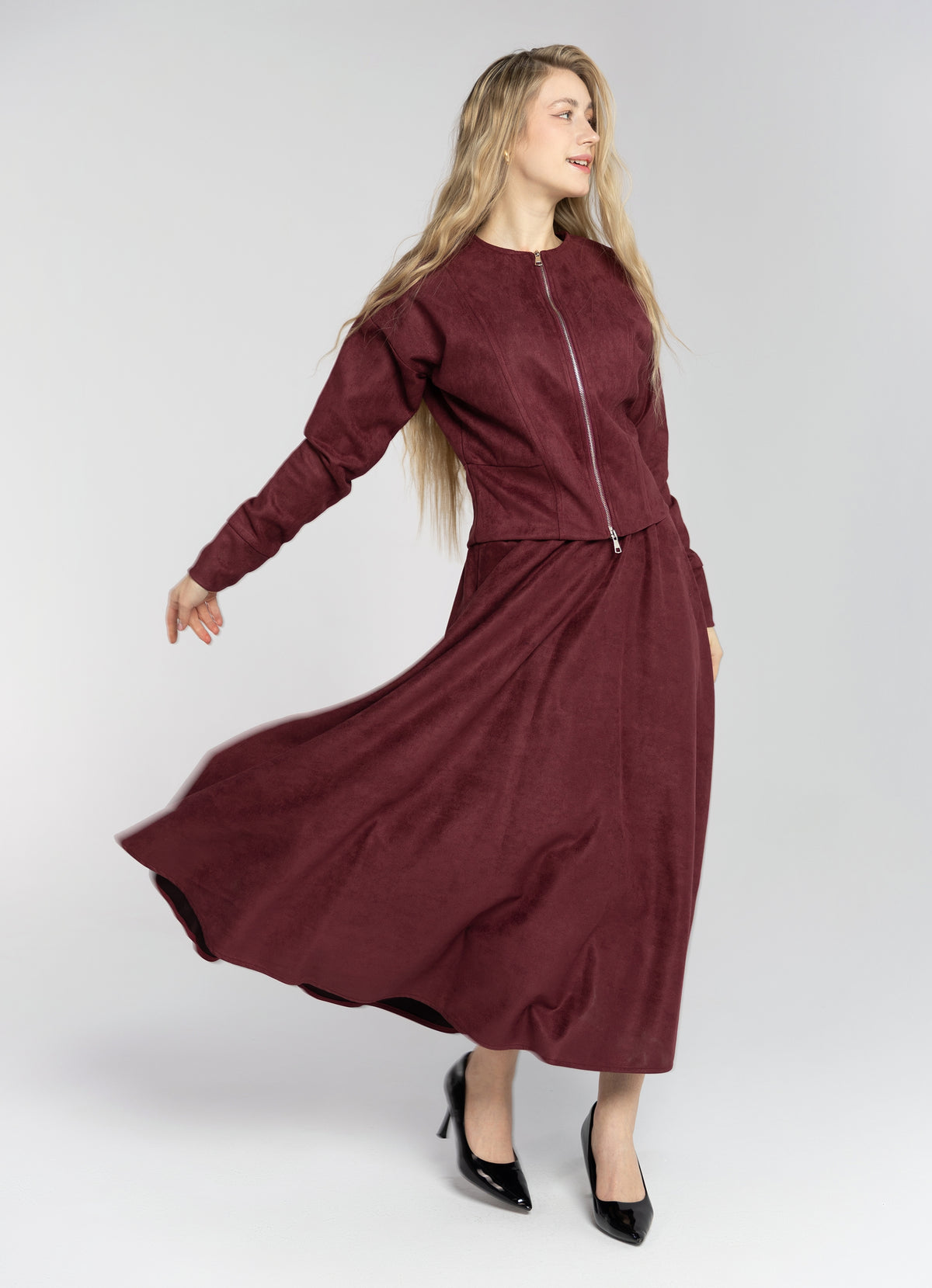 Suede Jacket double zipper & Skirt Set - Burgundy