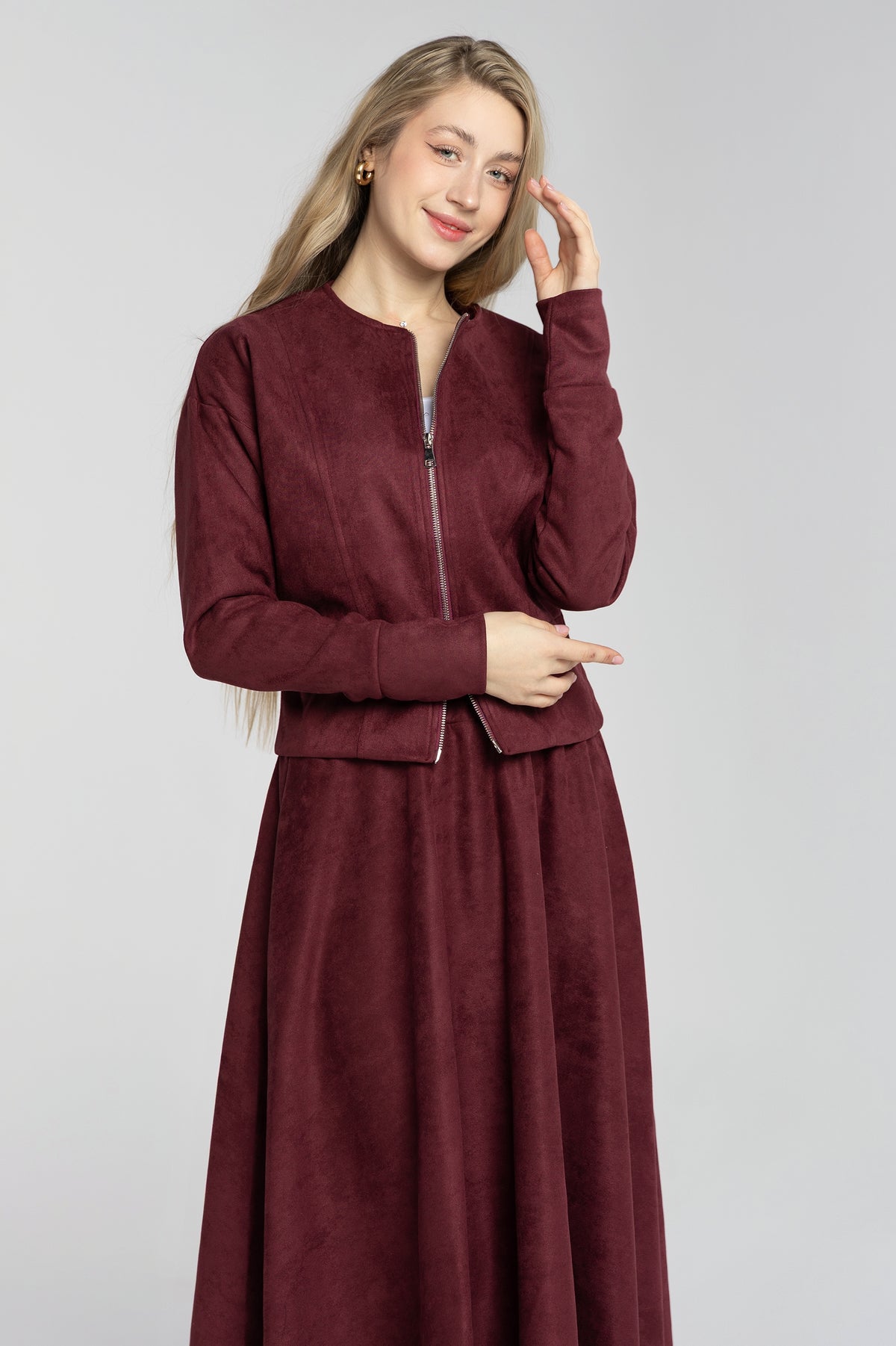 Suede Jacket double zipper & Skirt Set - Burgundy