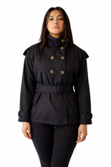 Belted Double-Breasted Trench Jacket - Black