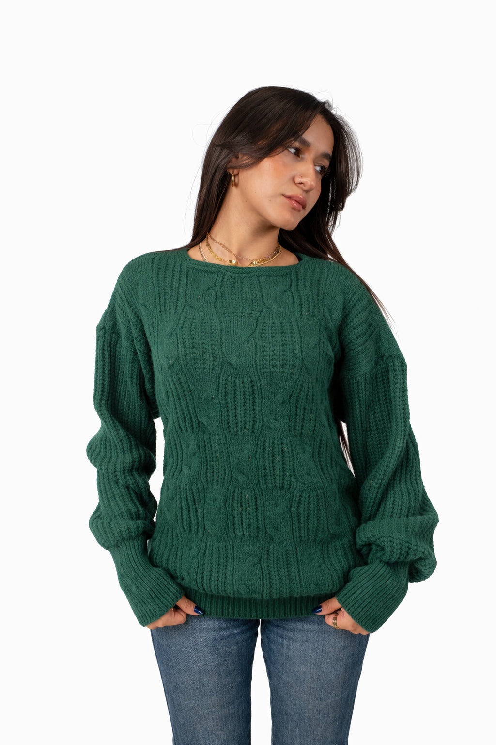 Cable Knit Sweater - Dark Green