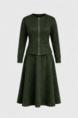 Suede Jacket double zipper & Skirt Set - Olive Green
