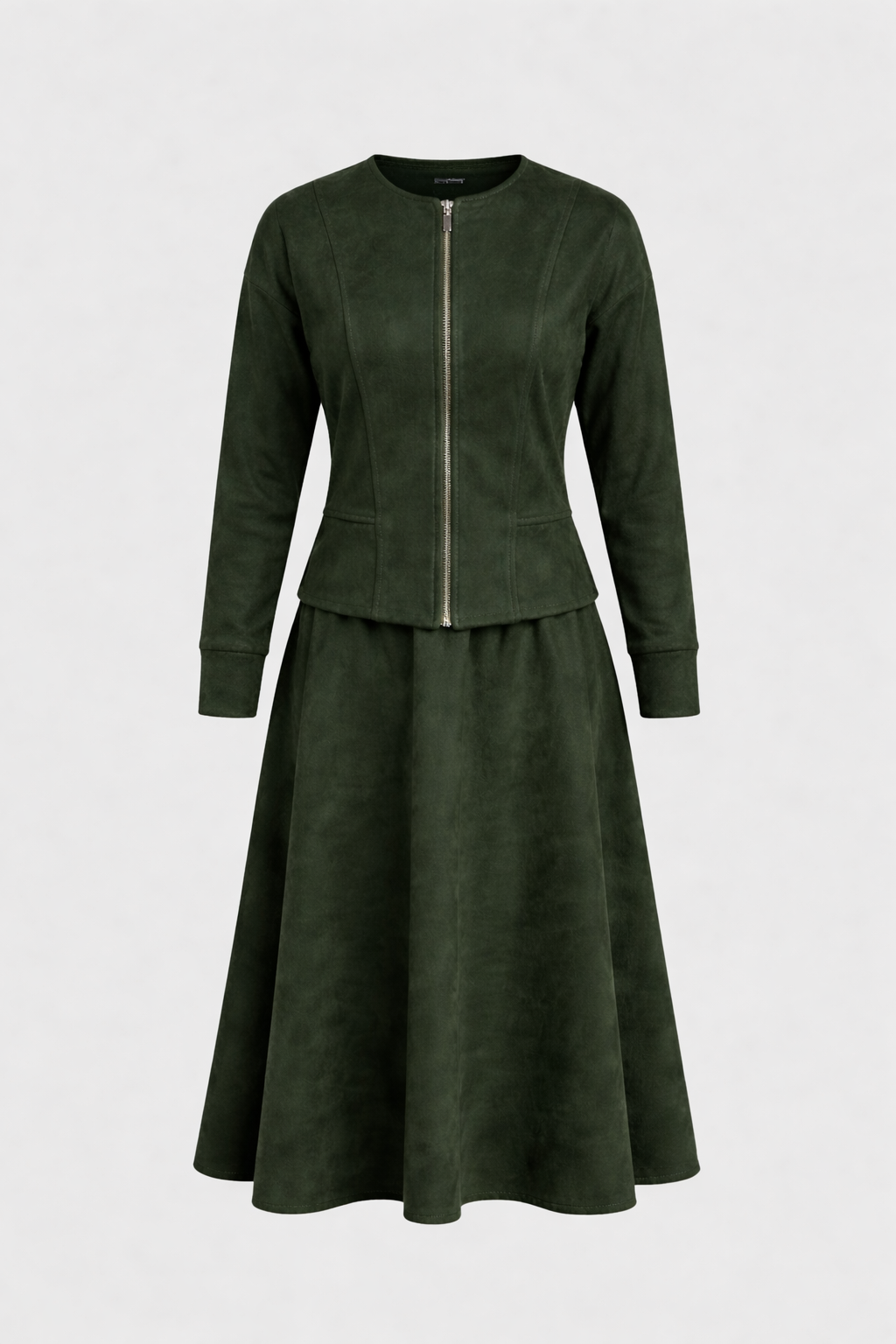 Suede Jacket double zipper & Skirt Set - Olive Green