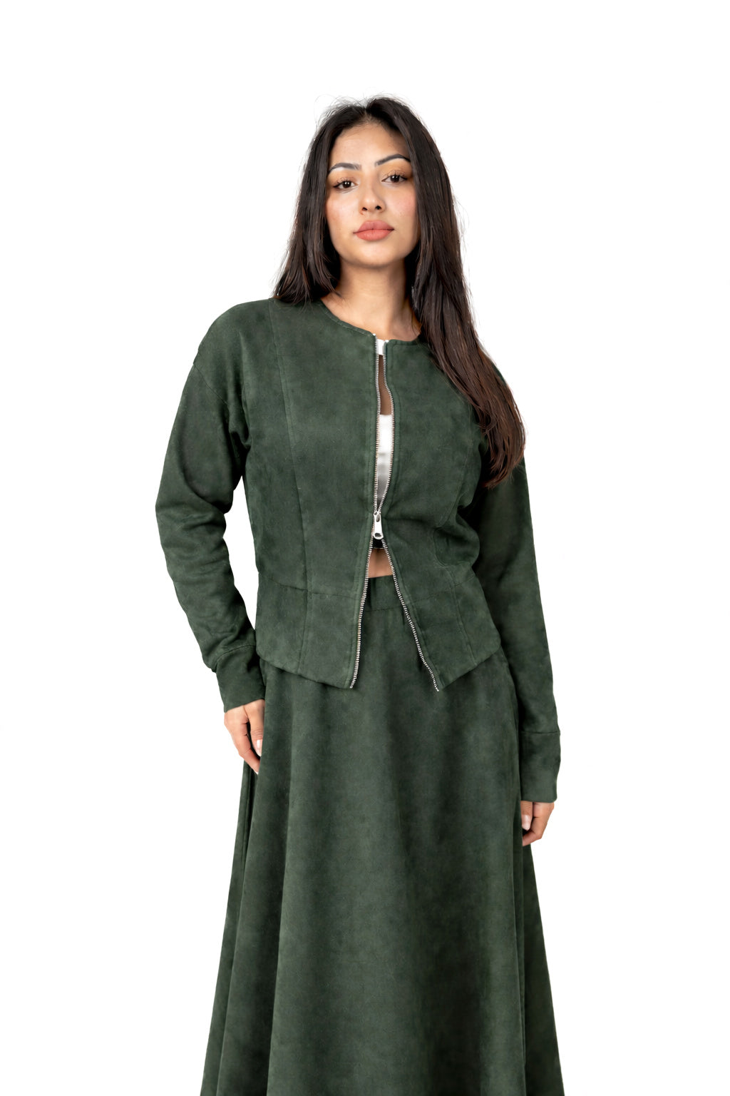 Suede Jacket double zipper & Skirt Set - Olive Green