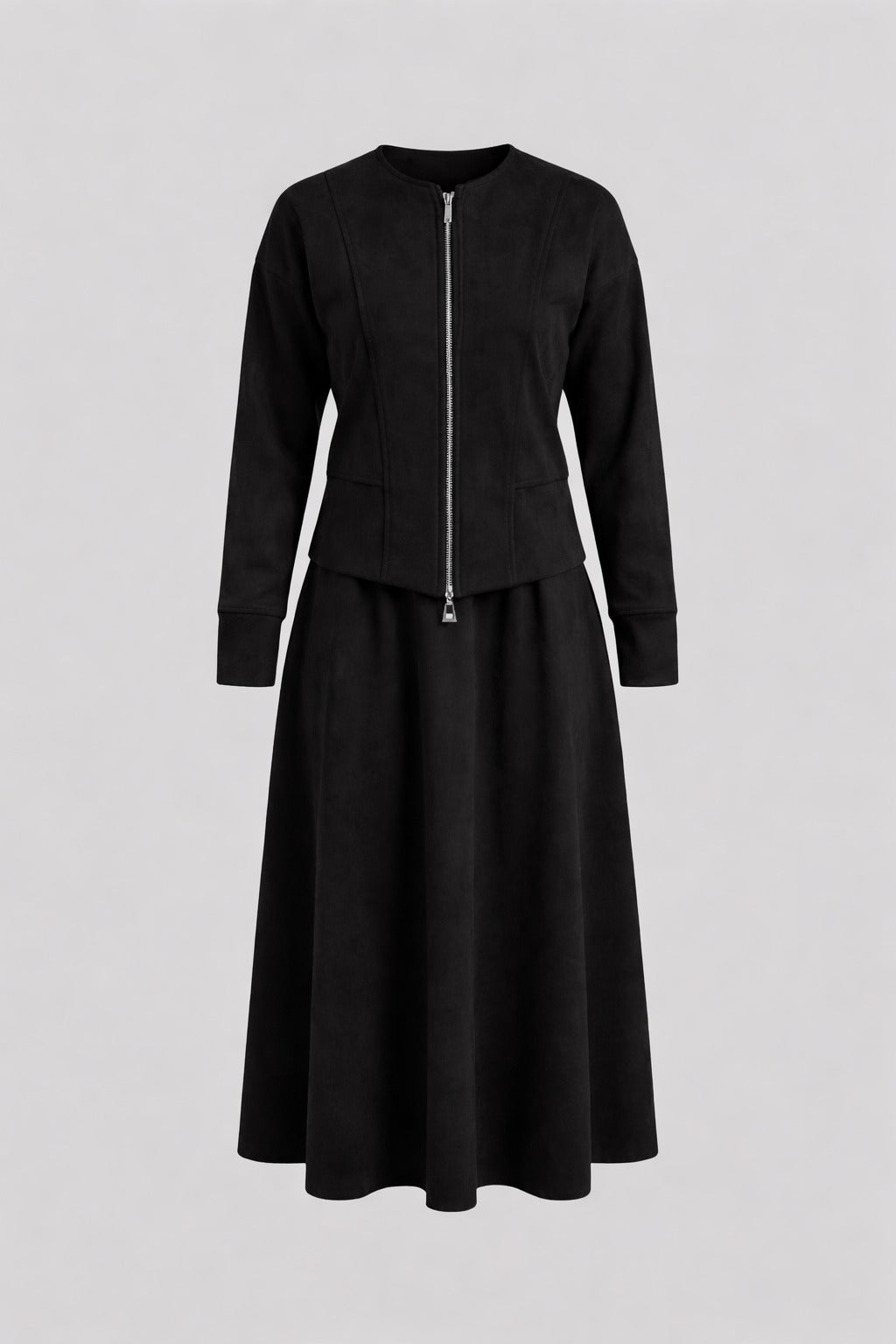 Suede Jacket double zipper & Skirt Set - Black