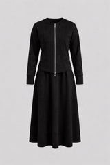 Suede Jacket double zipper & Skirt Set - Black