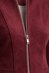 Suede Jacket double zipper & Skirt Set - Burgundy